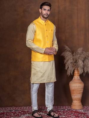 Yellow dupion nehru jacket for men with solid print 3