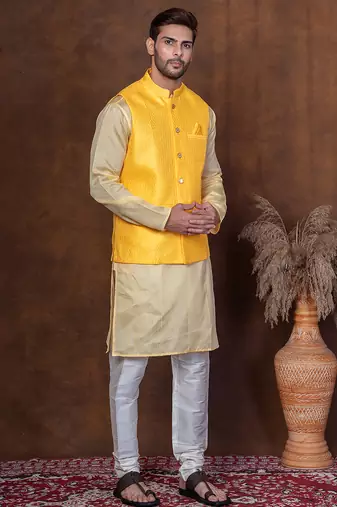 Yellow dupion nehru jacket for men with solid print