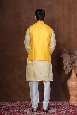 Yellow dupion nehru jacket for men with solid print 4