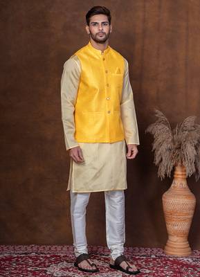 Yellow dupion nehru jacket for men with solid print 5