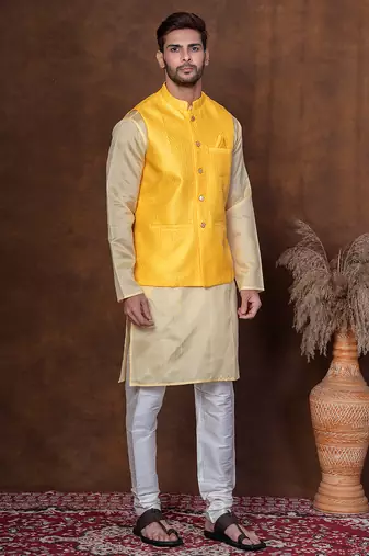 Yellow dupion nehru jacket for men with solid print
