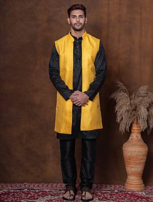 Black dupion long jacket for men with solid print 1