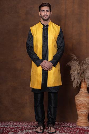 Black dupion long jacket for men with solid print