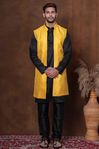 Black dupion long jacket for men with solid print