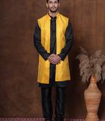 Black dupion long jacket for men with solid print