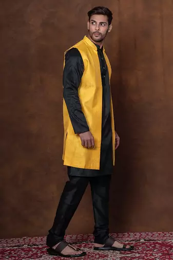 Black dupion long jacket for men with solid print
