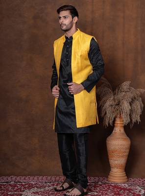 Black dupion long jacket for men with solid print 4