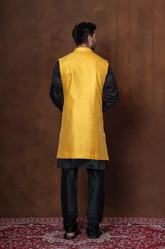 Black dupion long jacket for men with solid print