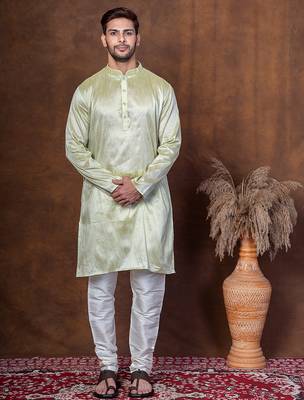 Green dupion kurta churidar set for men with solid print 1