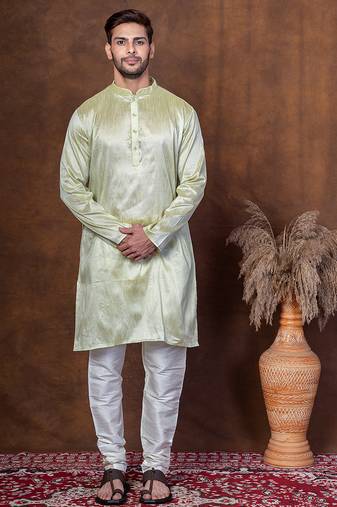 Green dupion kurta churidar set for men with solid print