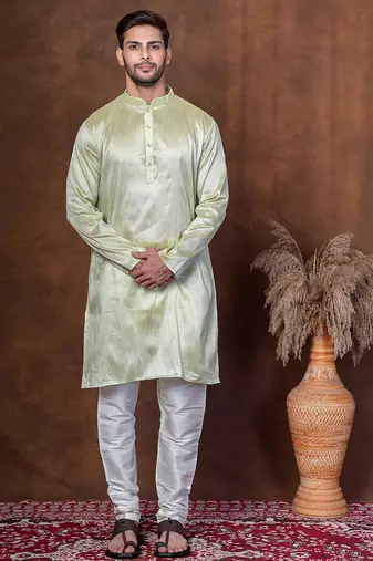 Green dupion kurta churidar set for men with solid print