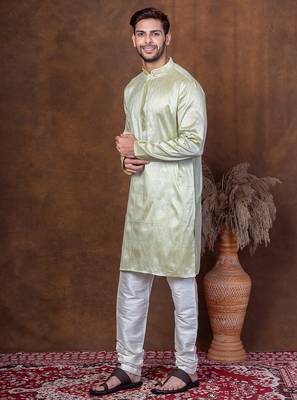 Green dupion kurta churidar set for men with solid print 2