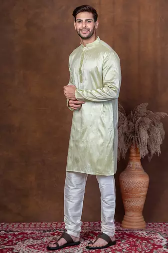 Green dupion kurta churidar set for men with solid print