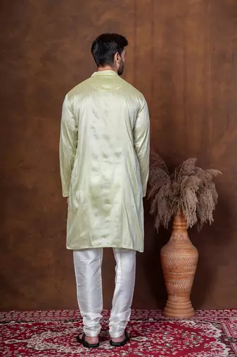 Green dupion kurta churidar set for men with solid print
