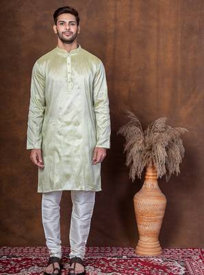 Green dupion kurta churidar set for men with solid print 5