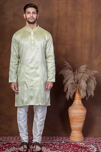 Green dupion kurta churidar set for men with solid print
