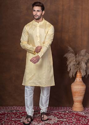 Yellow dupion kurta churidar set for men with solid print 2