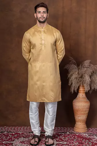 Beige dupion kurta churidar set for men with solid print