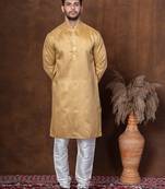 Beige dupion kurta churidar set for men with solid print