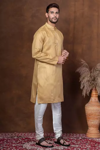 Beige dupion kurta churidar set for men with solid print