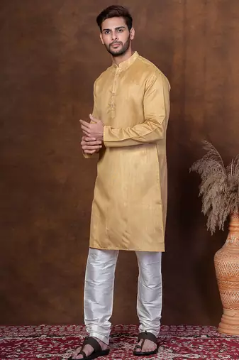 Beige dupion kurta churidar set for men with solid print