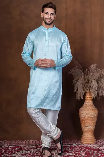 Sku blue dupion kurta churidar set for men with solid print