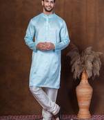 Sku blue dupion kurta churidar set for men with solid print