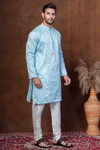 Sku blue dupion kurta churidar set for men with solid print