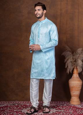 Sku blue dupion kurta churidar set for men with solid print 3