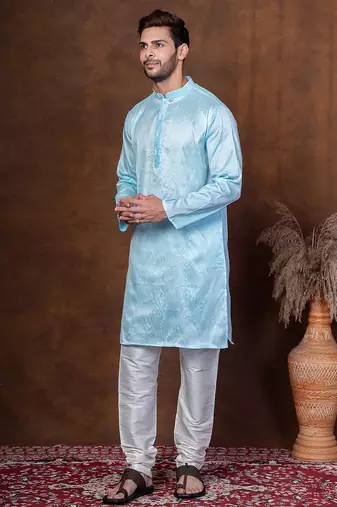 Sku blue dupion kurta churidar set for men with solid print