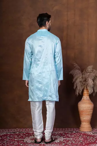 Sku blue dupion kurta churidar set for men with solid print