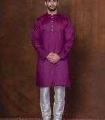 Purple dupion kurta churidar set for men with solid print
