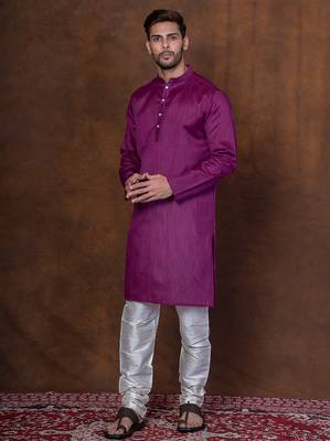 Purple dupion kurta churidar set for men with solid print 2