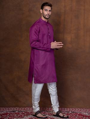 Purple dupion kurta churidar set for men with solid print 3