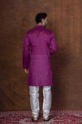 Purple dupion kurta churidar set for men with solid print 4
