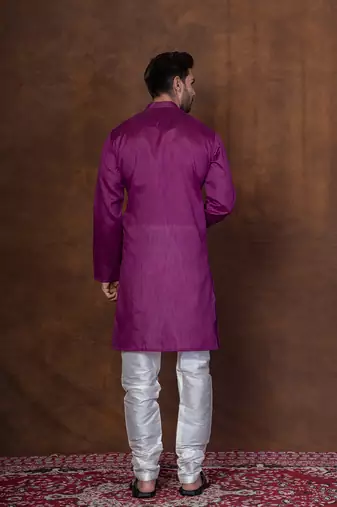 Purple dupion kurta churidar set for men with solid print