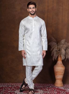 Off white dupion kurta churidar set for men with solid print 1