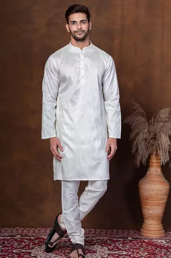 Off white dupion kurta churidar set for men with solid print
