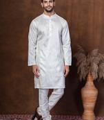 Off white dupion kurta churidar set for men with solid print