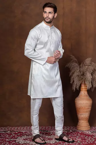 Off white dupion kurta churidar set for men with solid print