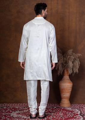 Off white dupion kurta churidar set for men with solid print 4