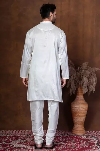 Off white dupion kurta churidar set for men with solid print