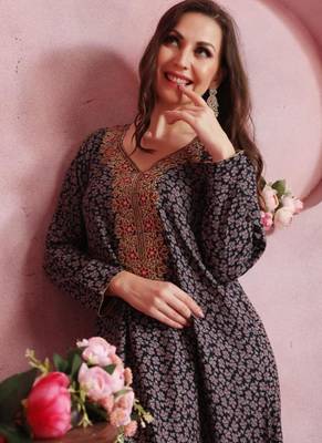 Multicolor thread embroidery A-Line Jalabiya on fancy printed fabric 2
