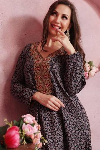 Multicolor thread embroidery A-Line Jalabiya on fancy printed fabric