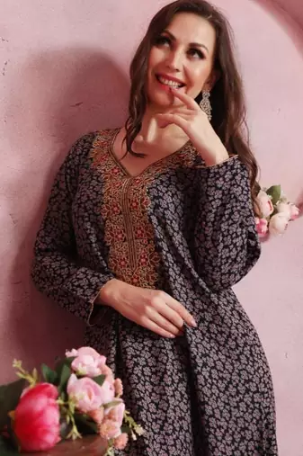 Multicolor thread embroidery A-Line Jalabiya on fancy printed fabric