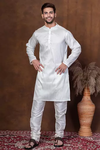 Off white dupion kurta churidar set for men with solid print