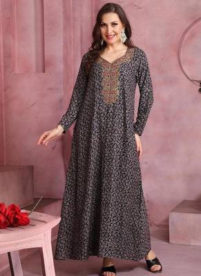 Multicolor thread embroidery A-Line Jalabiya on fancy printed fabric 3