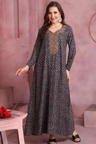 Multicolor thread embroidery A-Line Jalabiya on fancy printed fabric