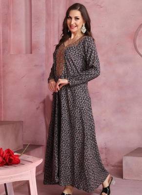 Multicolor thread embroidery A-Line Jalabiya on fancy printed fabric 1
