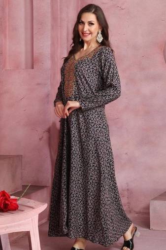 Multicolor thread embroidery A-Line Jalabiya on fancy printed fabric